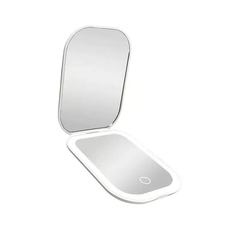 Ultra-thin foldable cosmetic mirror with tricolour light, 10.4x7.5cm HD glass lens, white or pink ABS frame