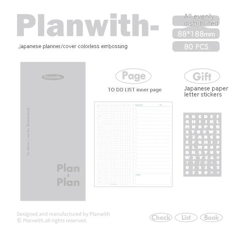 Embossed simple visual daily meter book notebook open, showing white 100g paper, available in blue, grey, purple, white, and protective cover colours.