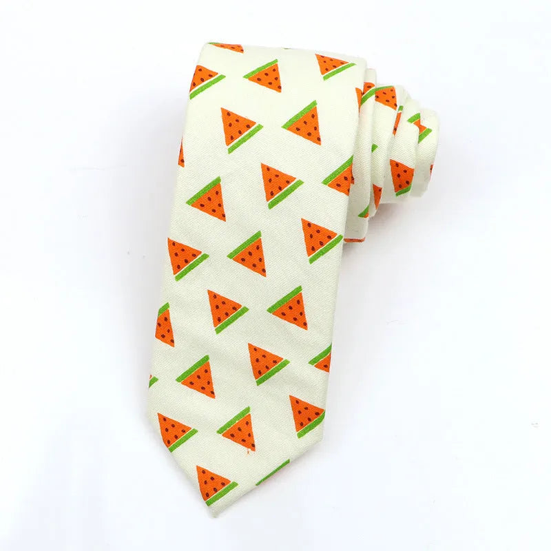 Narrow Korean style cotton bow tie with a printed cartoon pattern in various colours.