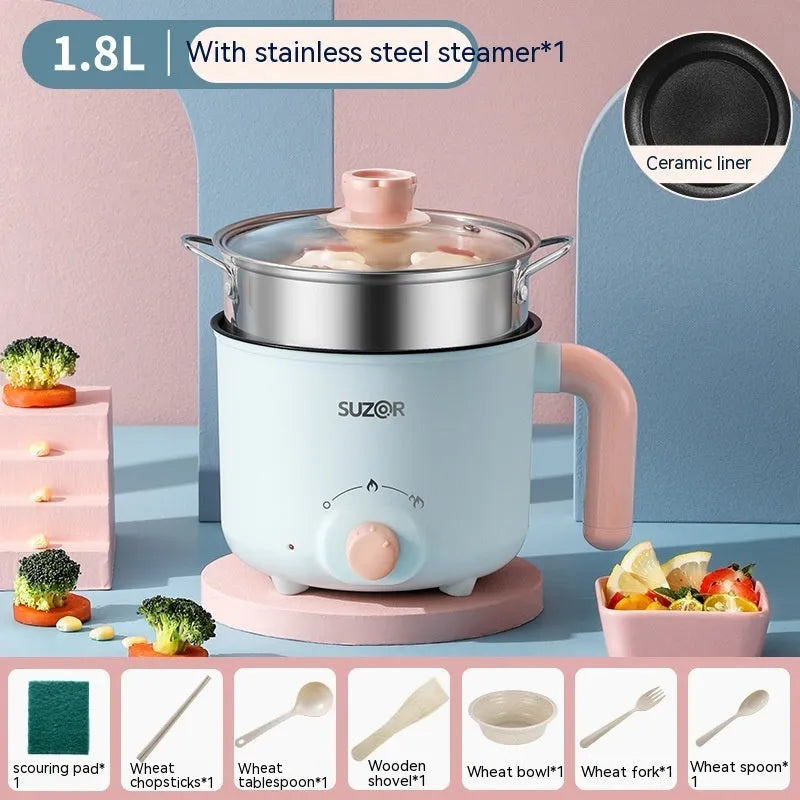 1.8L mini electric cooker with ceramic crystal inner liner, 300W and 600W knob control, for dormitories and student households
