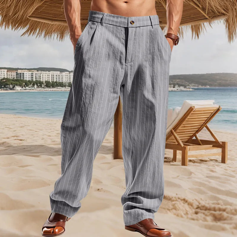 Man wearing striped linen high-waist wide-leg casual trousers