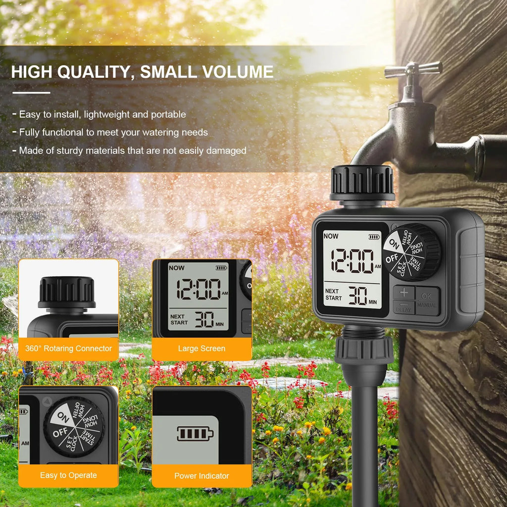 Single-out knob timing irrigator automatic watering device dual output black ABS plastic for garden irrigation