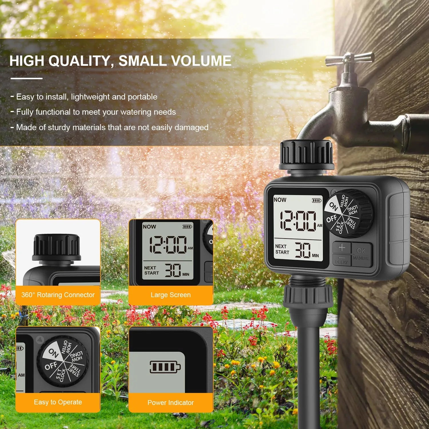Single-out knob timing irrigator automatic watering device dual output black ABS plastic for garden irrigation