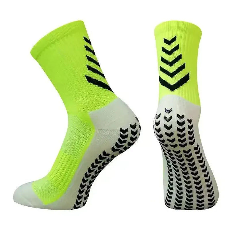 Men's mid-calf athletic socks with non-slip silicone grip, arrow black design, polyester thickened construction for running and football