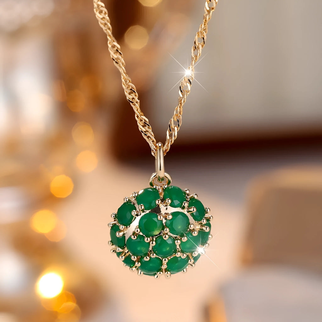 Round emerald full diamond pendant necklace on copper chain champagne gold colour geometric shape adjustable 51-60cm