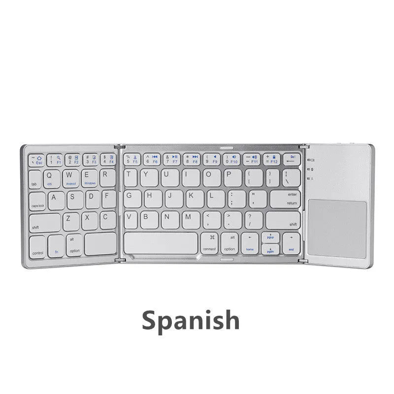 Tri-fold folding touch Bluetooth keyboard shown both open and closed with integrated touchpad