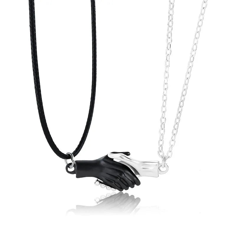 Palm couple magnet necklace with handshake clavicle chain in Korean style alloy geometric pendant white gold platinum black silver matt black