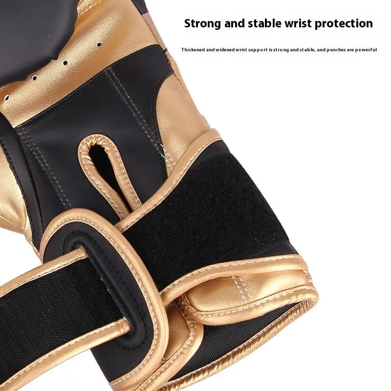 Professional vertical style PU boxing gloves for Sanda training, shown in multiple colour and weight options.