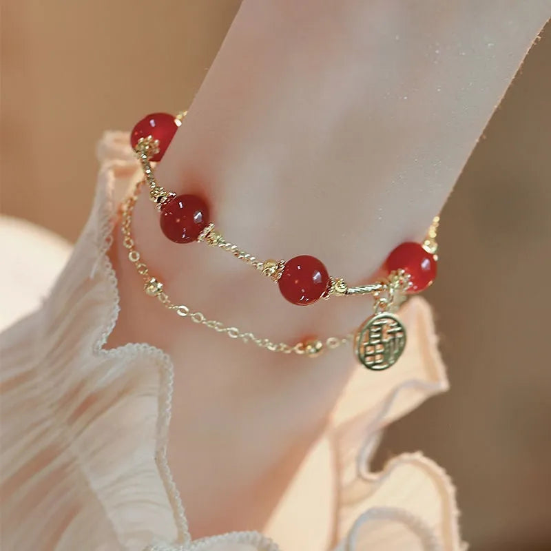 Red agate and alloy double-layer women's bracelet with red horse blessing card charm in gift box