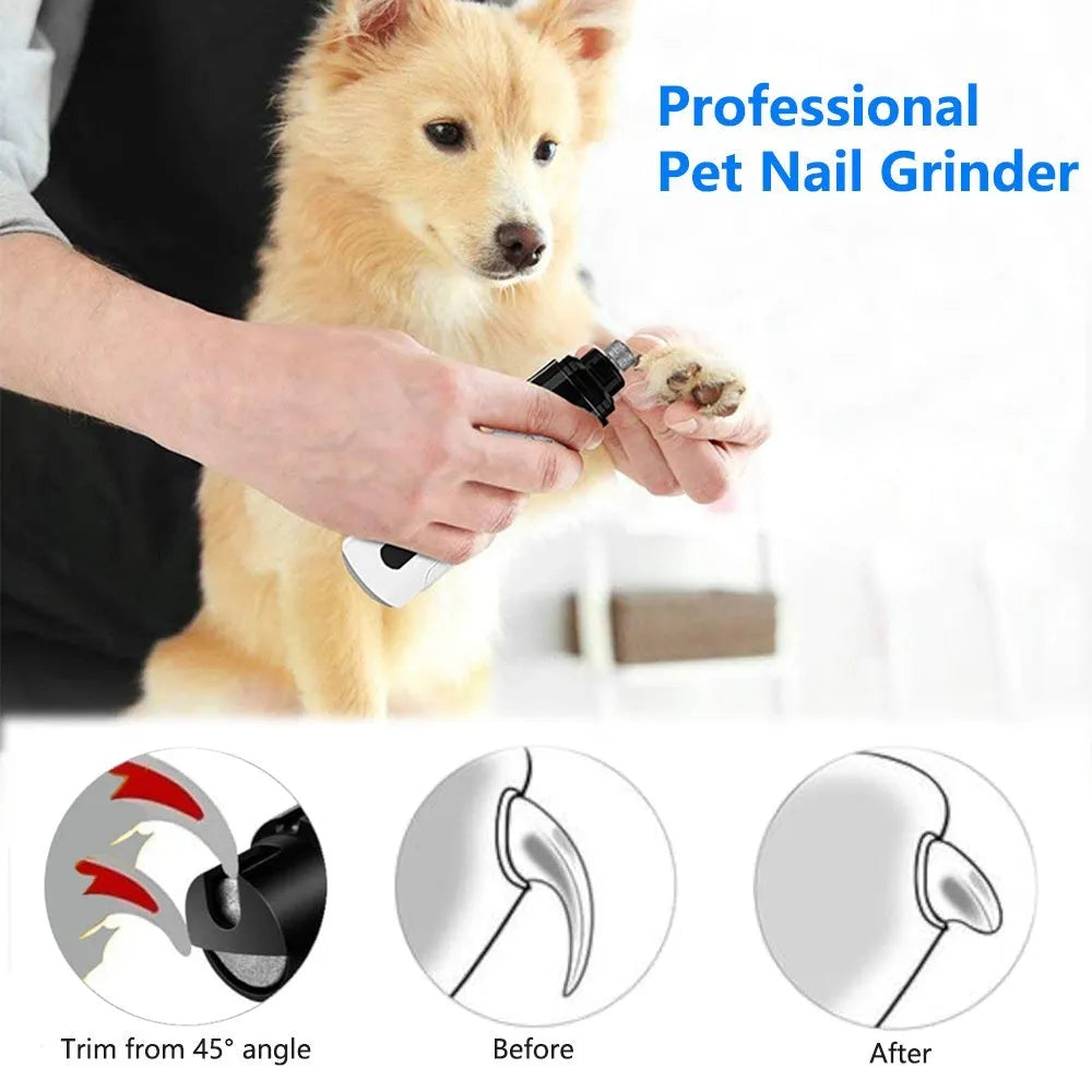 Electric dog nail grinder with automatic piercing head, LED display, and handheld design on a white background.