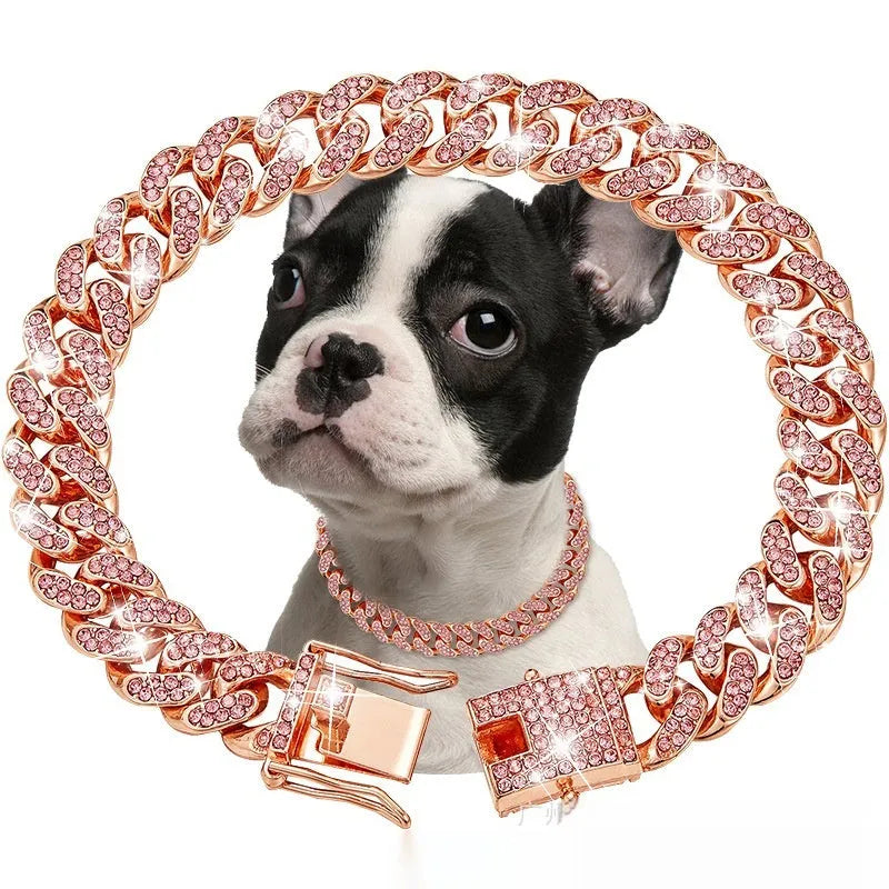 Pet diamond collar Cuban link chain necklace in gold with zinc alloy finish for dogs and cats