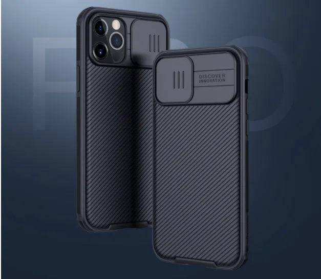 Nillkin Black Mirror Pro phone case for iPhone 12 with sliding camera lens cover in black, blue, and green colours.