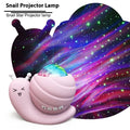 Blue snail-shaped starry sky projection lamp with remote control on wooden surface
