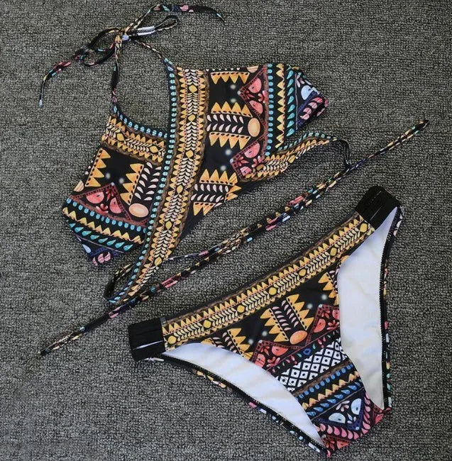 Women's ethnic print bikini with chest cross straps and removable pads in picture colour