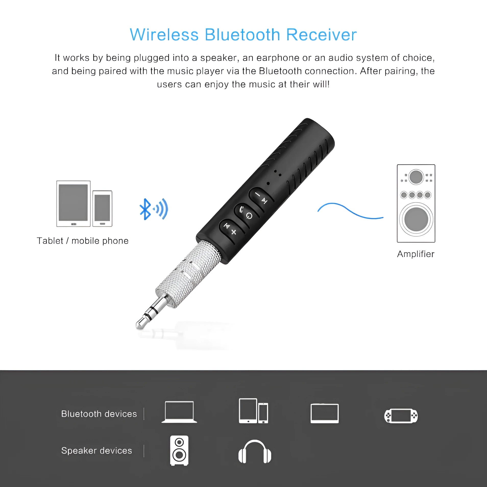 Black Bluetooth audio receiver car kit with 3.5mm jack for wireless music and hands-free calls