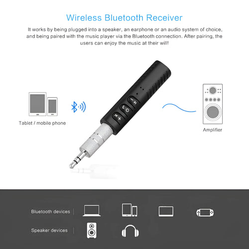 Black Bluetooth audio receiver car kit with 3.5mm jack for wireless music and hands-free calls