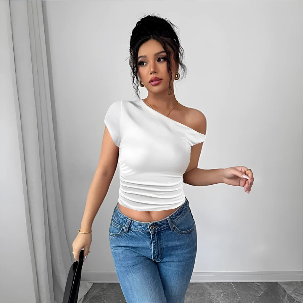 Women's white polyester slim fit top with oblique shoulder neckline and raglan sleeves