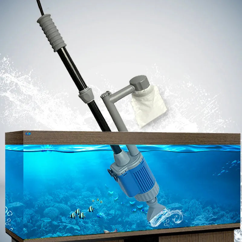 Electric aquarium water changer gravel cleaner with hose and attachments on a fish tank
