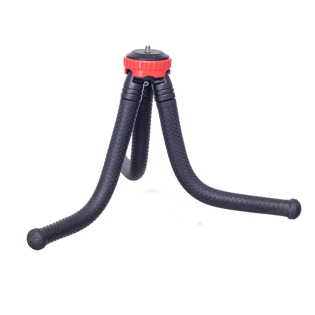 Black octopus tripod with eight flexible rubber legs and a spherical gimbal head for mounting cameras and phones.