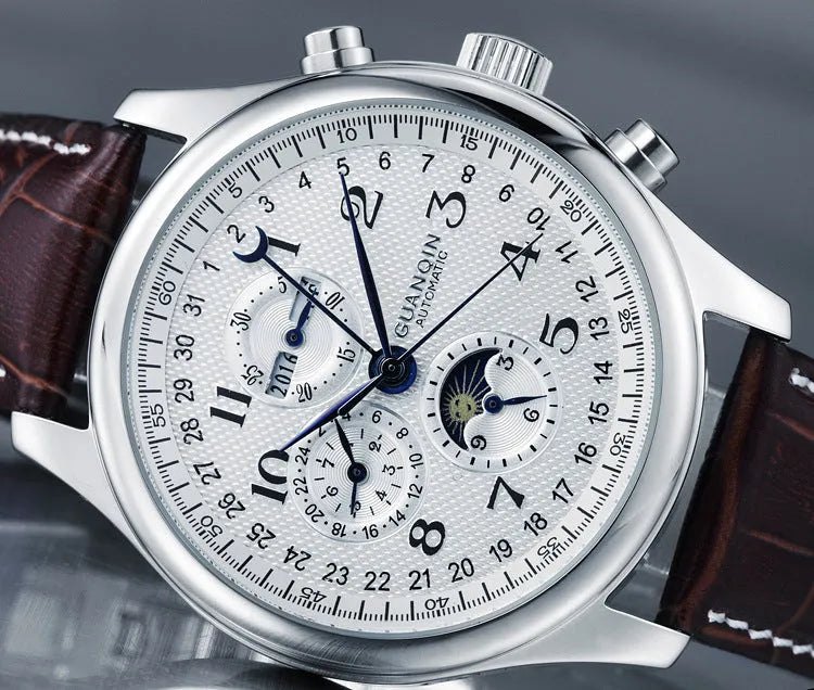 Men's mechanical perpetual calendar watch with moon phase display and luminous hands
