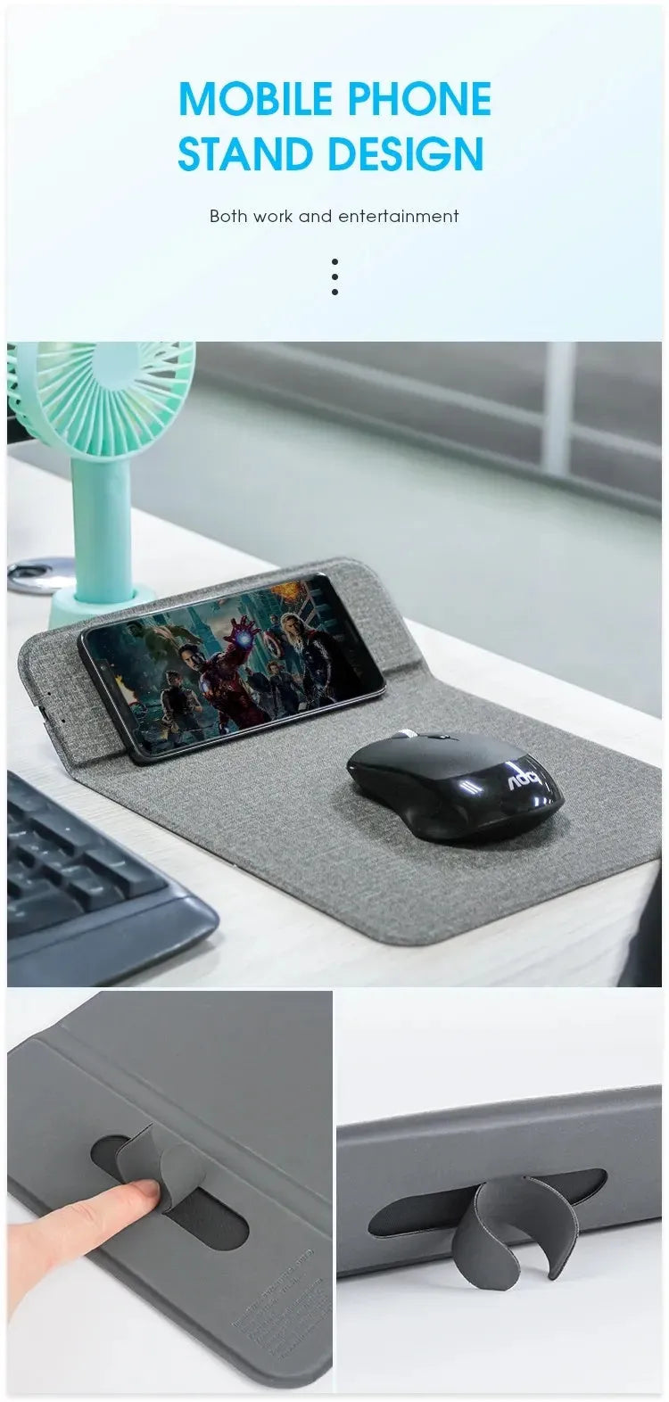 Black foldable cloth phone holder open and showing wireless charging pad.