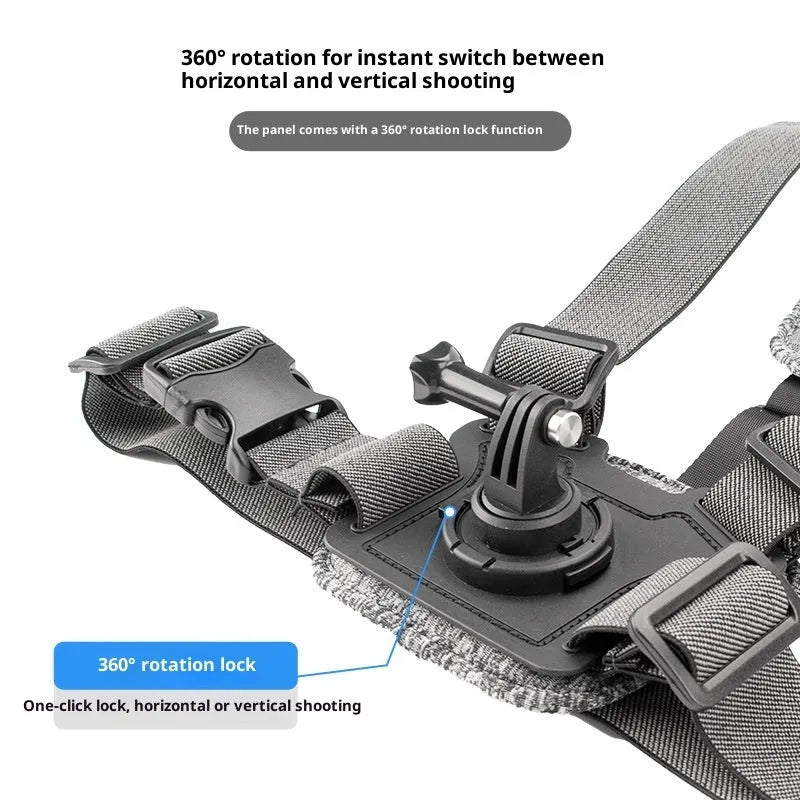 Chest mount kit with chest strap, adapter, phone clip, curved extension rod, and anti-shake rope for dual-camera action camera setup