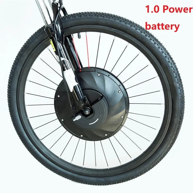 Yunzhilun 26-inch bicycle electric conversion kit showing hub motor wheel, lithium battery, and charger.