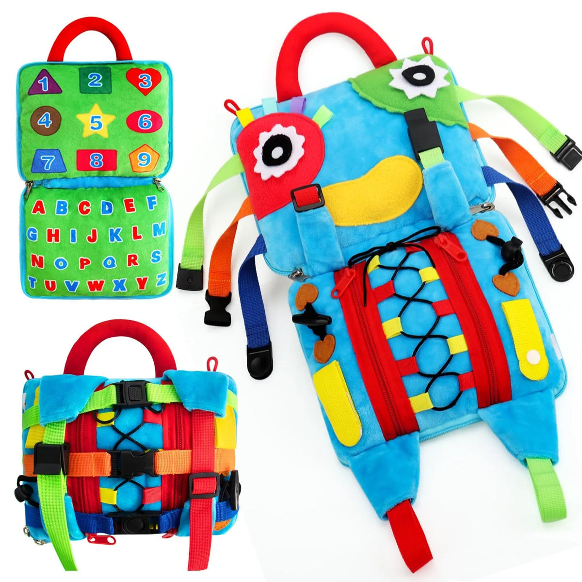 Blue plush owl toy with release buckle for baby early education colour matching