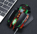 Thunder Wolf V9 black wired gaming mouse with six buttons and ergonomic shape on a mouse pad.