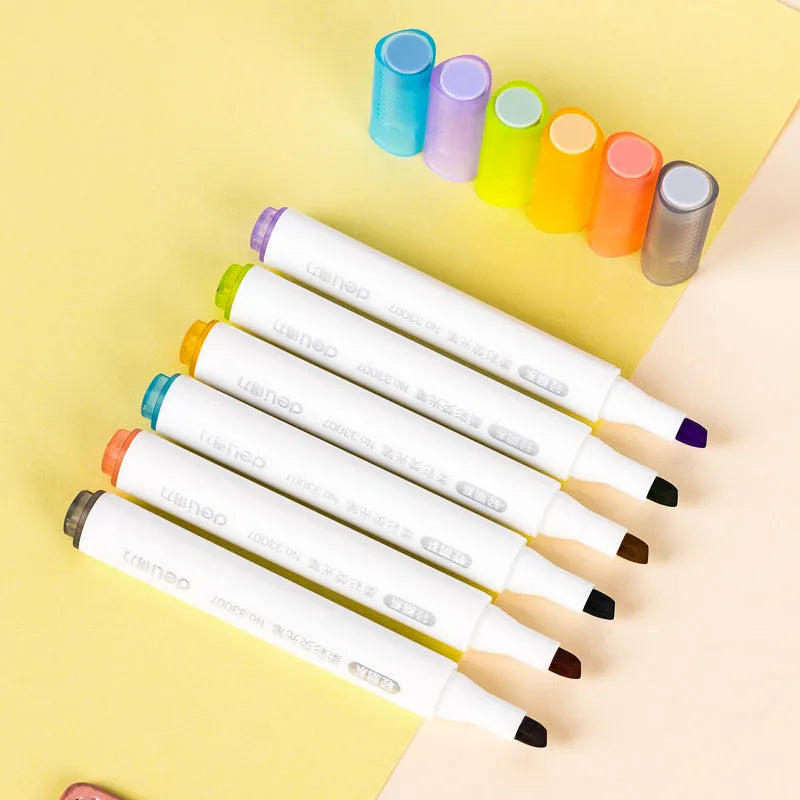 Deli S605 oblique head highlighter marker pen in soft colours with solid and transparent pen holder options
