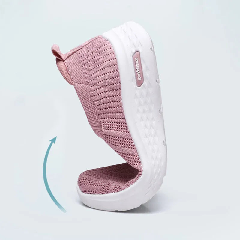 Women's casual mesh slip-on shoes, breathable sock style, soft plastic sole, available in black grey khaki pink