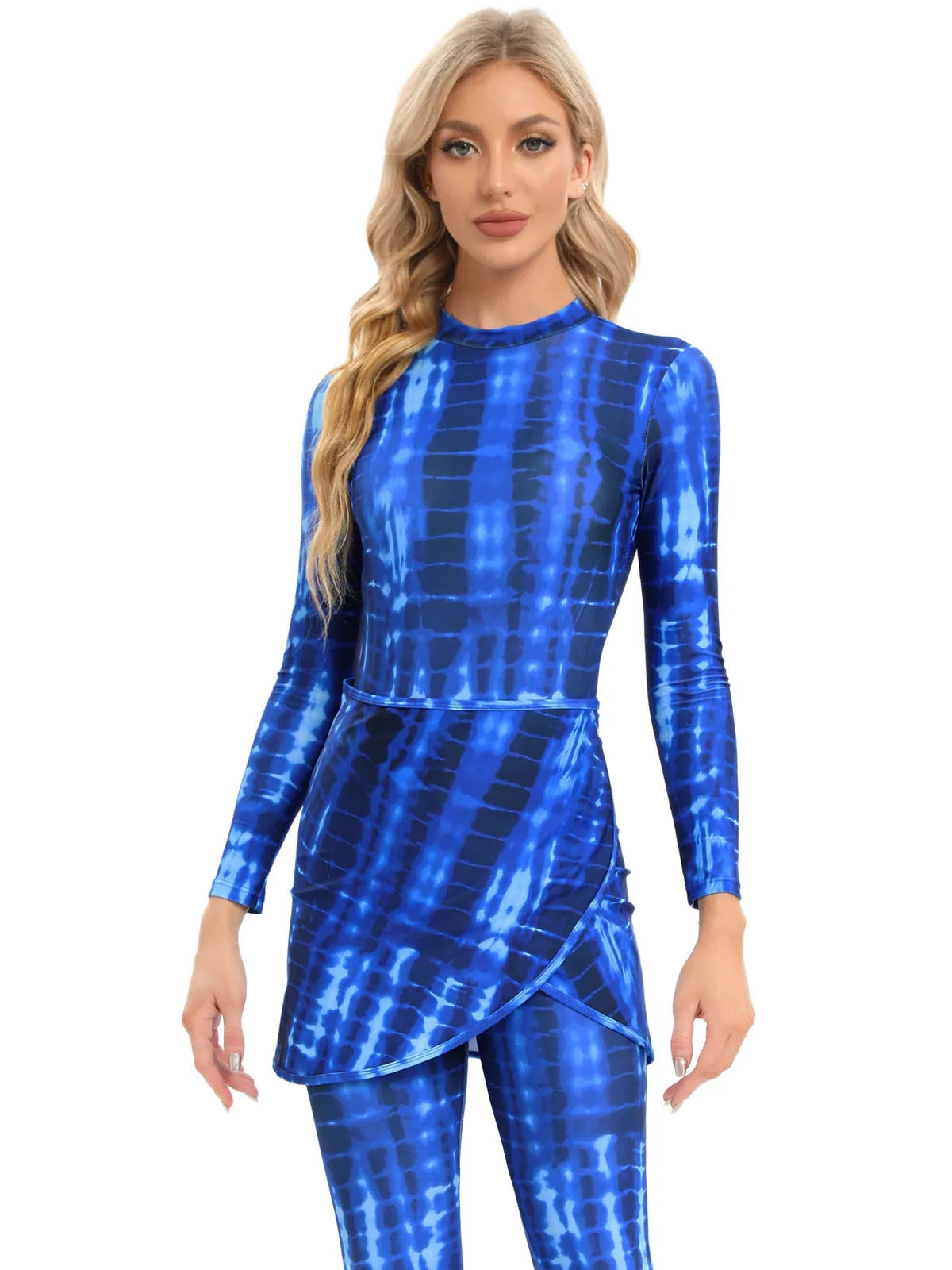 Conservative blue swimsuit and apron three-piece set for women on a mannequin.