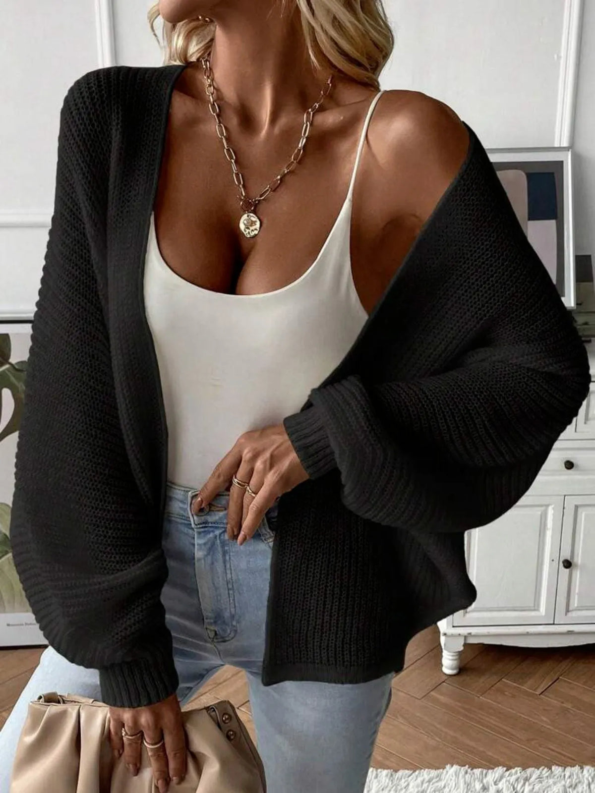 Polyester batwing sleeve cardigan in loose fit available in five solid colours