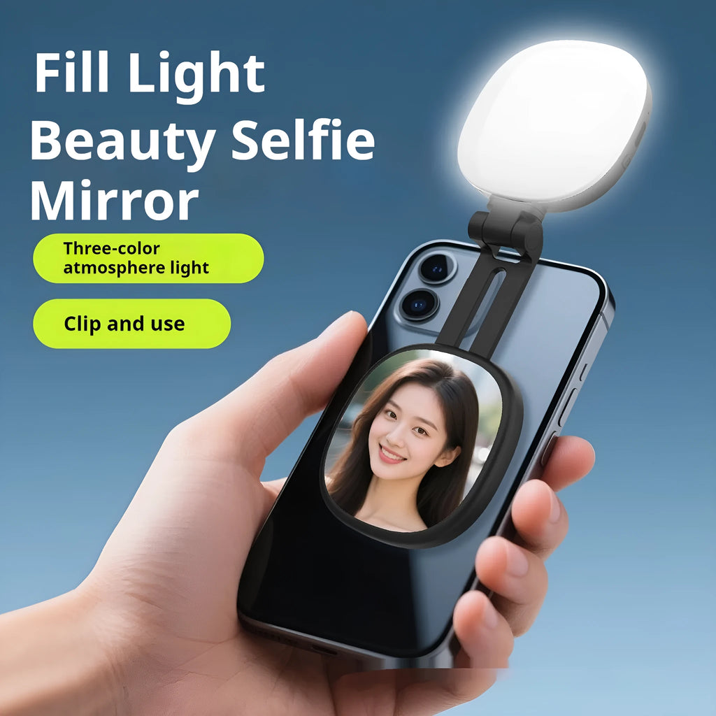 Black and white mobile phone magnetic selfie fill light with three-colour temperature mini portable makeup mirror