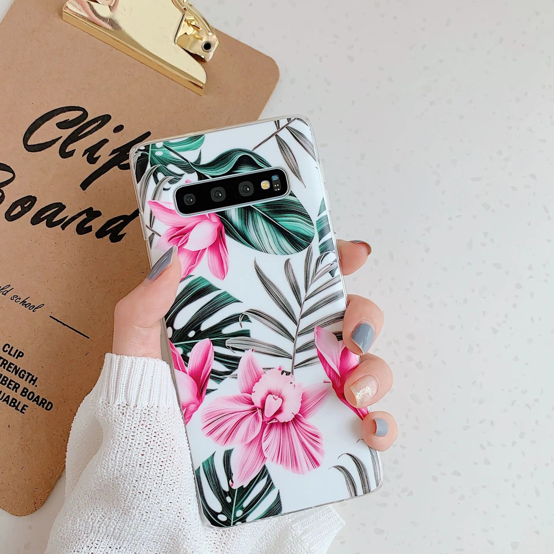 Samsung TPU phone case with green leaf flower pattern for S8 S9 S10 S20 A51 Note10 series