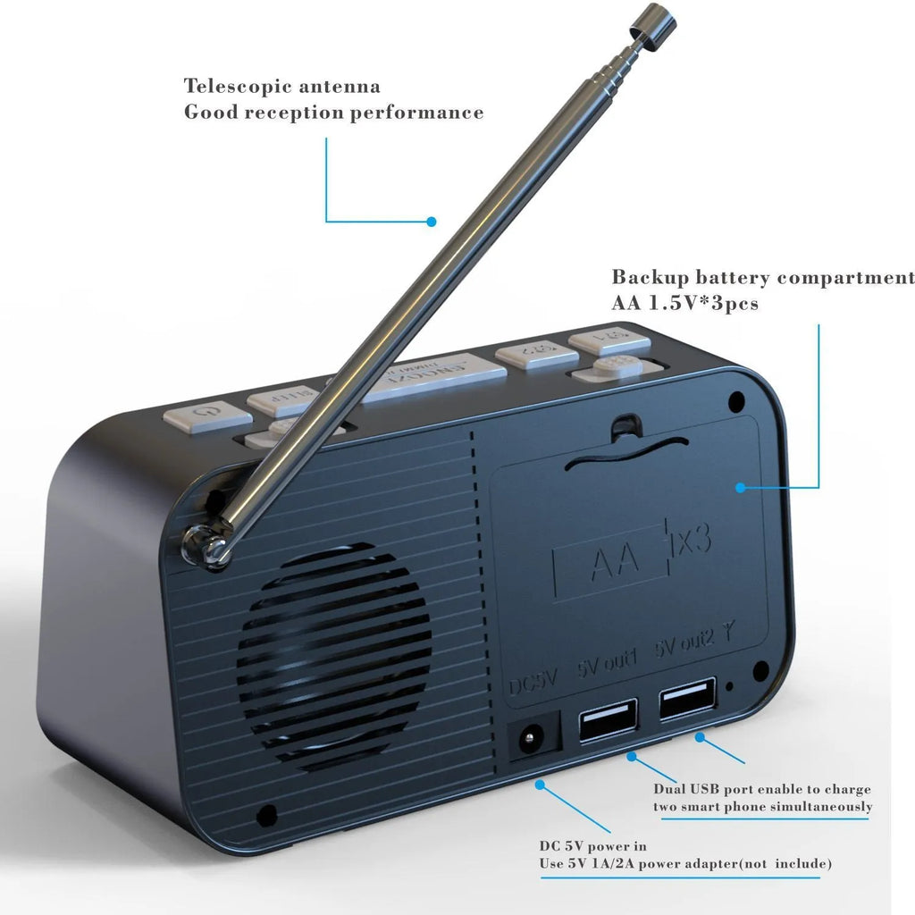 Black DAB digital radio bedside alarm clock with large LED display and USB charging ports
