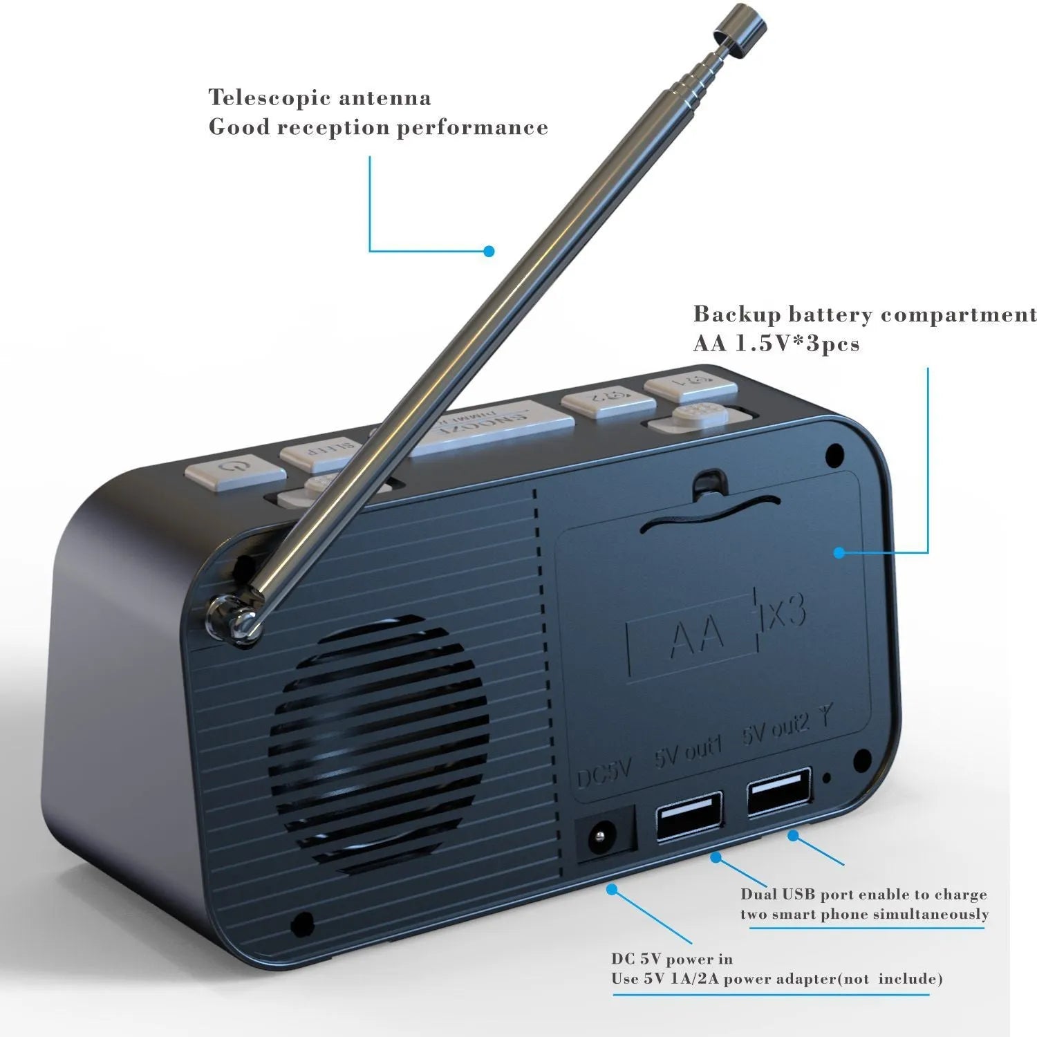Black DAB digital radio bedside alarm clock with large LED display and USB charging ports