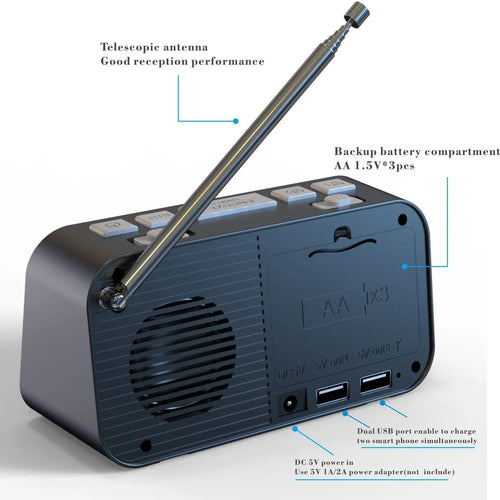 Black DAB digital radio bedside alarm clock with large LED display and USB charging ports