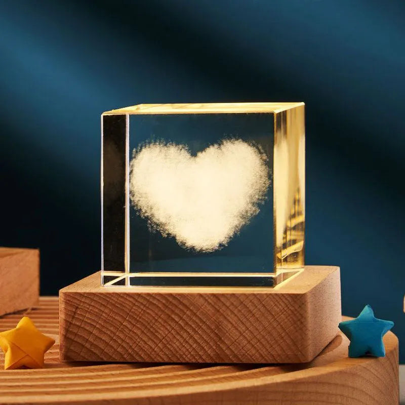 3D crystal cube night light with glass lampshade showing dimensional patterns in warm light