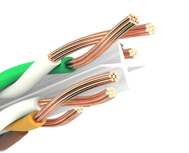 White Cat6 network cable with RJ-45 connectors on both ends lying on a flat surface