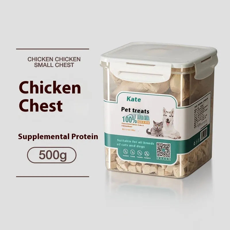 500g chicken freeze-dried cat treats in bag or can packaging showing high-grade chicken pieces