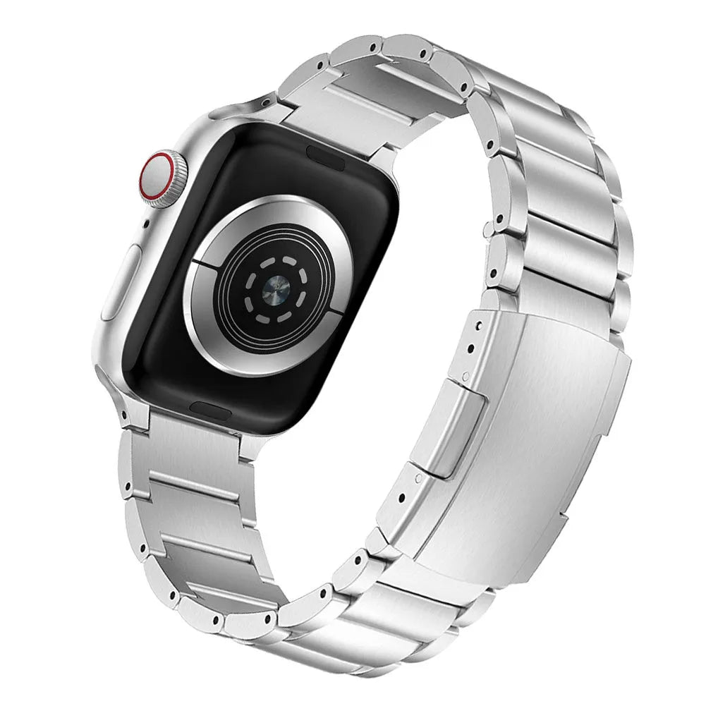 Titanium alloy Apple Watch replacement strap with folding buckle in black or silver