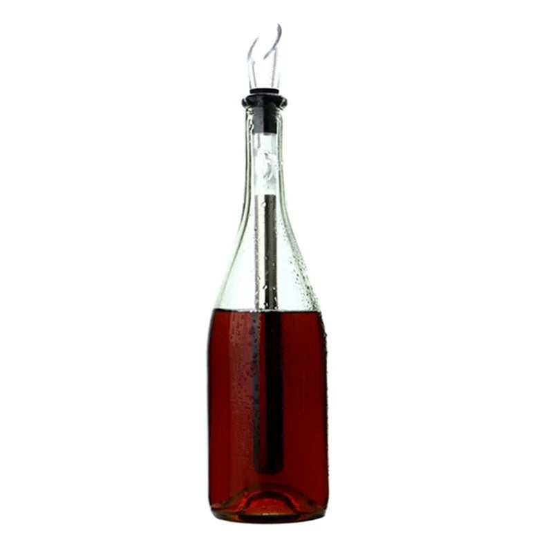 Stainless steel wine bottle cooler stick with acrylic pourer, shown in silver finish.