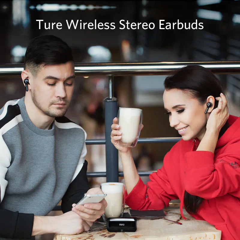 Black and white true wireless Bluetooth earbuds with IPX5 waterproof rating.