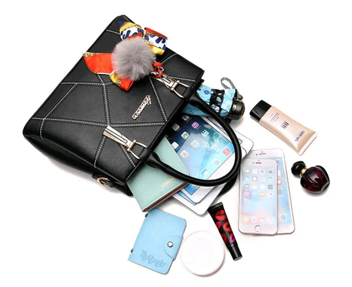 Ladies PU messenger bag with embroidery detail and soft handle in cross-section square shape