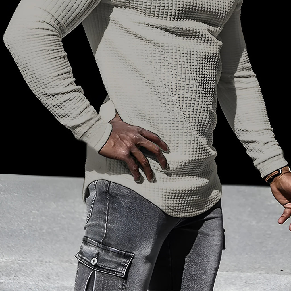 Men's stand collar half zip plaid sweater in polyester, available in multiple colours, front view