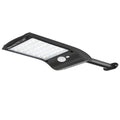 Black solar-powered outdoor wall light with 36 LEDs, a large motion sensor, and an adjustable mounting pole.
