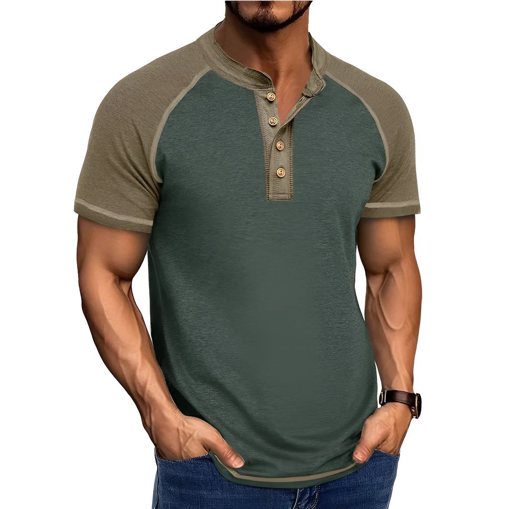 Men's short sleeve colour block pullover top with raglan sleeves on a mannequin.