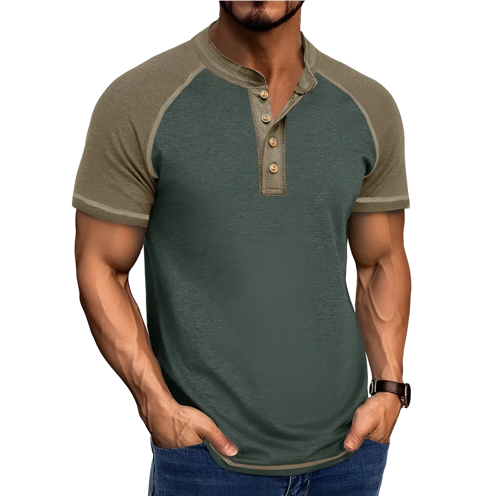 Men's short sleeve colour block pullover top with raglan sleeves on a mannequin.