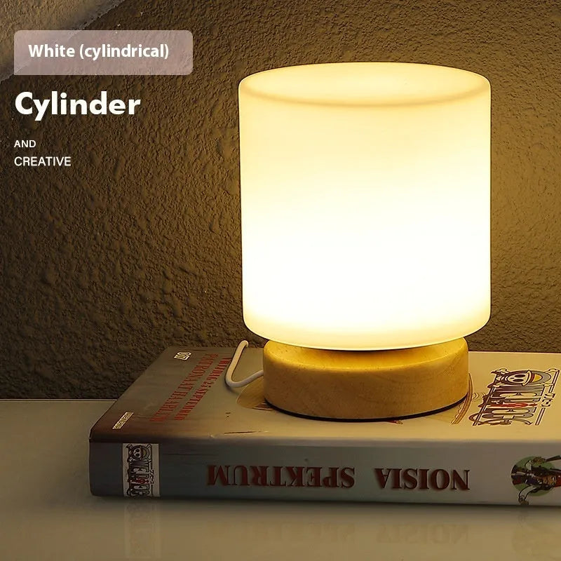 Nordic style wooden USB table lamp with flower-shaped base and cylindrical lamp head